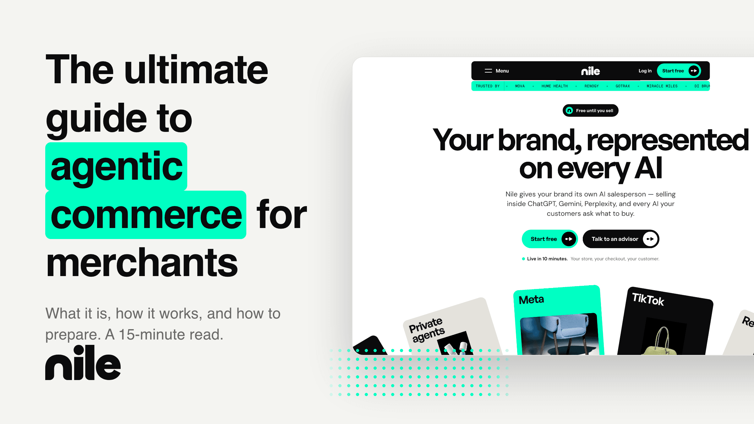 Article hero: the ultimate guide to agentic commerce for merchants, beside a screenshot of nile.app.